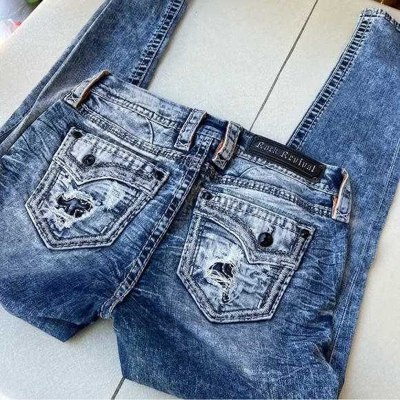 Rock Revival Mid Rise Ankle Skinny Jeans with Embroidered Pockets Women size 26 - Picture 4 of 9